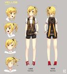  blonde_hair blush character_name character_sheet commentary expressions full_body highres jacket muite multiple_views official_art original shoes side_ponytail simple_background sketch smile turnaround yellow_eyes 