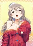  alternate_costume breasts cardigan cleavage grey_eyes grey_hair hair_between_eyes hat highres kantai_collection large_breasts long_hair looking_at_viewer mini_hat off_shoulder open_mouth pola_(kantai_collection) red_sweater ribbed_sweater sleeves_past_wrists solo sorano_(12gou) sweater wavy_hair 