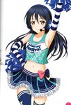  absurdres arm_up armpits artist_request bare_shoulders blue_hair blue_legwear blush cheerleader chemise crop_top elbow_gloves frilled_skirt frills gloves hand_on_hip headphones headset highres long_hair looking_at_viewer love_live! love_live!_school_idol_festival love_live!_school_idol_project midriff non-web_source official_art pom_poms scan simple_background skirt smile solo sonoda_umi star takaramonozu thighhighs very_long_hair white_background yellow_eyes zettai_ryouiki 