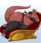  2016 abstract_background argonian beckoning bedroom_eyes belly big_belly big_breasts breasts clothing digital_media_(artwork) half-closed_eyes hi_res horn huge_breasts lying mangoicy obese on_side overweight plantigrade red_scales red_skin scales scalie seductive shaliss smile sofa solo the_elder_scrolls thick_thighs video_games wide_hips yellow_eyes 