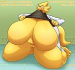  2016 alphys big_breasts blueblaster breasts clothing eyes_closed eyewear female glasses huge_breasts inflation jacket navel overweight pussy reptile scalie scientist shirt slightly_chubby speech_bubble undertale video_games 