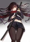  bandages black_hair black_legwear black_serafuku breasts harimoji katana long_hair long_sleeves looking_at_viewer lying medium_breasts on_back original pantyhose red_eyes red_scarf scarf school_uniform serafuku sheath sheathed skirt solo sword weapon 