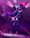  alternate_costume armor arrow artstation_sample ashe_(league_of_legends) boissb bow_(weapon) breasts cape cleavage cleavage_cutout commentary energy_arrow faulds full_body high_ponytail hood image_sample large_breasts league_of_legends pink_eyes pink_hair quiver sidelocks solo thighhighs weapon zettai_ryouiki 
