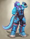  abstract_background blue_scales blue_skin clothing digital_media_(artwork) dragon fatallyshiny female fin hair hi_res horn looking_at_viewer muscular ocaritna overwatch pose purple_hair scales smile solo standing video_games yellow_eyes 
