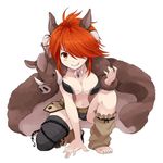  animal_ears barefoot breasts chain character_request earrings fang full_body fur_trim grin jewelry large_breasts looking_at_viewer navel necklace official_art pelt red_eyes red_hair simple_background single_thighhigh smile squatting thighhighs white_background youkai_hyakki-tan! 