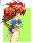  armor ass bikini_armor breasts dragon_girl dragon_half dragon_tail formerly horns long_hair mink_(dragon_half) monster_girl red_eyes red_hair solo tail very_long_hair 