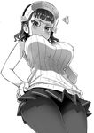  alternate_costume asanagi blush breasts covered_nipples from_below glasses greyscale hat highres kantai_collection large_breasts monochrome pantyhose roma_(kantai_collection) short_hair simple_background skirt sleeveless solo sweater white_background 