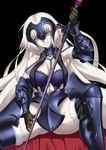  armor armored_dress armpits arms_up bare_shoulders black_background black_gloves bnc_(bunshi) boots bra breasts chain cleavage commentary_request elbow_gloves fate/grand_order fate_(series) gloves greaves headpiece highres holding holding_sword holding_weapon jeanne_d'arc_(alter)_(fate) jeanne_d'arc_(fate)_(all) knee_boots lace lace-trimmed_bra large_breasts long_hair looking_at_viewer navel pale_skin parted_lips reverse_grip shaded_face sitting smile solo spread_legs sword underwear vambraces very_long_hair weapon white_hair 
