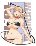  arm_up armpits bare_arms bare_shoulders bell bell_choker bikini black_bikini blush breasts character_name chestnut_mouth choker cleavage collarbone commentary_request cowboy_shot curvy dated grey_eyes groin haganemaru_kennosuke hairband happy_birthday holding_whip large_breasts looking_at_viewer lowleg lowleg_bikini navel open_mouth orange_hair senran_kagura senran_kagura_new_wave short_hair skindentation solo stomach strapless strapless_bikini swimsuit tattoo teeth underboob ushimaru_(senran_kagura) whip wide_hips 