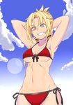  armpits arms_behind_head bikini blonde_hair blue_sky breasts cleavage cloud cowboy_shot day fate/apocrypha fate/grand_order fate_(series) from_below front-tie_top green_eyes grin groin highres medium_breasts minakami mordred_(fate)_(all) mordred_(swimsuit_rider)_(fate) navel red_bikini side-tie_bottom sky smile solo swimsuit 