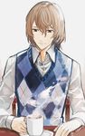  akechi_gorou argyle brown_eyes brown_hair coffee coffee_mug cup grey_background hair_between_eyes highres looking_down looking_to_the_side male_focus mug obo persona persona_5 saucer simple_background solo sweater_vest table twitter_username upper_body 
