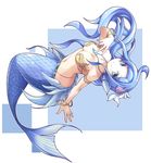  armlet bangle beanpaste blue blue_eyes blue_hair bracelet breasts cleavage closed_mouth colored_eyelashes eyebrows eyebrows_visible_through_hair full_body hair_ornament head_fins highres jewelry long_hair medium_breasts mermaid monster_girl navel original outstretched_arm shell_necklace smile solo very_long_hair white_background 