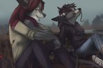  5_fingers anthro black_hair black_nose blurred_background canine clothed clothing dog dragon duo ear_piercing eyes_closed female fur grass grey_fur grey_nose hair koul mammal open_mouth outside piercing red_hair sitting smile 
