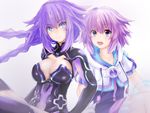  bangs blue_eyes braid breasts cleavage cleavage_cutout d-pad d-pad_hair_ornament dual_persona emblem gloves hair_ornament highres hood hooded_track_jacket jacket large_breasts leotard long_hair looking_at_viewer multiple_girls neptune_(choujigen_game_neptune) neptune_(series) power_symbol purple_eyes purple_hair purple_heart shishin_(shishintei) short_hair symbol-shaped_pupils track_jacket twin_braids very_long_hair 