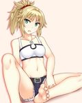  barefoot belt blue_eyes breasts cutoffs fang fate/apocrypha fate/grand_order fate_(series) feet groin highres looking_at_viewer medium_breasts mordred_(fate) mordred_(fate)_(all) nagamon navel open_mouth pink_background ponytail short_shorts shorts soles solo 