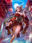  architecture bare_shoulders beautiful_coutesan_enki blue_sky breasts cleavage copyright_name day east_asian_architecture full_moon hair_ornament hair_stick holding holding_pipe hys122211 japanese_clothes kiseru lantern large_breasts luck_&amp;_logic moon official_art oni_horns original paper_lantern pipe pointy_ears sky smile smoking solo walking watermark wide_sleeves 