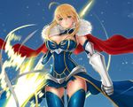  ahoge artoria_pendragon_(all) artoria_pendragon_(lancer) blonde_hair blue_legwear breasts cape cleavage fate/grand_order fate_(series) fur_trim gauntlets greaves green_eyes holding holding_weapon huge_breasts lance looking_at_viewer mhg_(hellma) polearm rhongomyniad solo type-moon weapon 