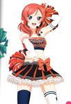  absurdres artist_request bandeau bare_shoulders blush cheerleader elbow_gloves frilled_skirt frills gloves headset highres looking_at_viewer love_live! love_live!_school_idol_festival love_live!_school_idol_project midriff nishikino_maki non-web_source official_art open_mouth pom_poms purple_eyes red_hair ribbon scan simple_background skirt smile solo star strapless takaramonozu thighhighs white_background white_gloves white_legwear zettai_ryouiki 