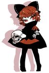  black_bow bow cape covered_mouth drop_shadow hair_bow high_collar holding long_sleeves no_nose pantyhose red_eyes red_hair sekibanki shadow short_hair skull solo touhou yt_(wai-tei) 