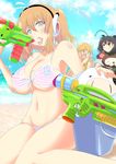  3girls artist_request beach breasts convenient_censoring kumi_(senran_kagura) large_breasts looking_at_viewer milk misato_(senran_kagura) multiple_girls pet senran_kagura senran_kagura:_peach_beach_splash senran_kagura_new_wave swimsuit topless ushimaru_(senran_kagura) water_gun 