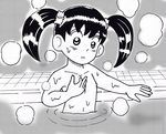  1girl black_hair closed_mouth flat_chest giboshi_remon kochikame monochrome nipples ro_hhito_rotto shiny shiny_hair solo twintails water 