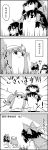  4koma bow chasing comic commentary_request crescent detached_sleeves emphasis_lines gohei greyscale hair_between_eyes hair_bow hair_tubes hakurei_reimu hat hat_ribbon highres holding mob_cap monochrome motion_lines nontraditional_miko on_head patchouli_knowledge pose ribbon short_hair smile sweat sweatdrop tani_takeshi touhou translation_request wide_sleeves yukkuri_shiteitte_ne 