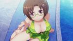  blazblue breasts brown_eyes brown_hair flower frills glasses green_swimsuit hair_flower hair_ornament higuchi_konomi himezuru_hinata large_breasts pool sitting smile solo swimsuit water xblaze xblaze_code:_embryo 