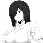  1girl breasts commentary_request greyscale hair_over_one_eye large_breasts long_hair lowres monochrome naozuri original pai-chan_(naozuri) pointing short_hair simple_background smile solo star_(symbol) white_background 