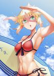  absurdres armpits artist_name bikini blonde_hair blue_sky breasts cleavage cloud day fate/apocrypha fate/grand_order fate_(series) front-tie_top green_eyes groin highres kengzeta medium_breasts mordred_(fate)_(all) mordred_(swimsuit_rider)_(fate) navel outdoors ponytail red_bikini shading_eyes side-tie_bottom sideboob sky solo surfboard swimsuit 