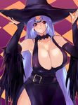  armpits arms_up bare_shoulders blue_hair breasts bridal_gauntlets elbow_gloves gloves hat highres huge_breasts kos-mos long_hair negresco red_eyes solo witch_hat xenosaga 