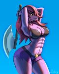  abs anthro axe bottomwear bra breasts clothing deltarune female hair hi_res lizard long_hair melee_weapon muscular muscular_female non-mammal_breasts paradoxing purple_body reptile scalie shorts simple_background solo susie_(deltarune) undertale_(series) underwear video_games watermark weapon yellow_eyes 