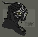  2015 alien black_body colored digital_drawing_(artwork) digital_media_(artwork) fan_character feranta glowing glowing_eyes grey_background grin humanoid looking_at_viewer markings mass_effect rehin shaded signature simple_background turian video_games white_markings yellow_eyes yellow_sclera 