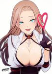  :d aqua_eyes black_gloves blonde_hair blush breasts cleavage closers collarbone collared_shirt gloves harpy_(closers) heart long_hair medium_breasts mole mole_under_eye open_mouth partly_fingerless_gloves shirt signature simple_background slit_pupils smile solo white_background white_shirt wing_collar ying_dou 