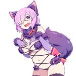  :d animal_ears blush breasts chan_co cleavage dangerous_beast elbow_gloves fang fate/grand_order fate_(series) fur_trim glasses gloves hair_over_one_eye halloween_costume large_breasts looking_at_viewer mash_kyrielight navel open_mouth purple_eyes purple_hair short_hair simple_background smile solo tail thighhighs white_background wolf_ears wolf_tail 