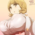  :o afrostar breasts brown_background brown_eyes brown_hair dated from_below highres huge_breasts looking_down narusawa_ryouka occultic;nine parted_lips short_hair simple_background solo 