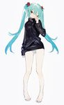  aqua_hair bad_id bad_twitter_id barefoot commentary_request flower full_body hair_flower hair_ornament hatsune_miku hirota_tsuu long_hair one_eye_closed panties solo standing striped striped_panties sweater twintails underwear vocaloid 