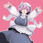  1girl apron arms_up blue_dress blush breasts dress dutch_angle frilled_apron frills glowing glowing_eyes hair_between_eyes hat highres jewelry large_breasts letty_whiterock long_sleeves looking_at_viewer open_hands open_mouth outstretched_arm pendant pigeoncrow pink_background polearm purple_hair scarf shiny shiny_hair short_hair simple_background smile solo taut_clothes taut_dress touhou trident turtleneck_dress upper_body waist_apron weapon white_dress white_hat white_scarf 
