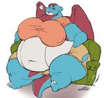  2016 belly big_belly big_breasts blue_scales blue_skin breasts clothing digital_media_(artwork) eyes_closed female hi_res huge_breasts hyper hyper_belly invalid_tag morbidly_obese muttninja nintendo open_mouth overweight plantigrade pok&eacute;mon pok&eacute;morph salamence scales scalie simple_background sitting sofa thick_thighs tight_clothing video_games white_background white_belly wide_hips wings 