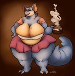  2016 abstract_background belly beverage big_belly big_breasts blue_skin breasts clothing coffee digital_media_(artwork) female grin hand_on_hip hi_res horn huge_breasts looking_at_viewer muttninja nidoqueen nintendo open_mouth overweight plantigrade pok&eacute;mon pok&eacute;morph solo standing tan_belly thick_thighs video_games wide_hips 