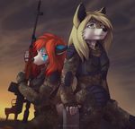  5_fingers anthro black_nose blonde_hair camo canine clothed clothing day dog duo female fingerless_gloves fox fur gloves green_eyes grey_nose gun hair holding_object holding_weapon koul mammal orange_hair outside overcast ranged_weapon sitting sky standing weapon white_fur 