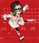  1girl amiami beanie boots female green_eyes headphones jacket open_mouth solo space_invaders 