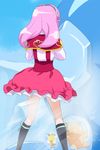  from_behind green_ribbon hairband hanami_kotoha haruyama_kazunori ice long_hair magic_school_uniform mahou_girls_precure! mofurun_(mahou_girls_precure!) pink_hair pink_skirt precure ribbon skirt socks standing 