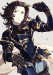  akiyoshi_haru armor bangs black_gloves black_hair blue_armor blue_eyes center_part gloves granblue_fantasy lancelot_(granblue_fantasy) looking_at_viewer male_focus outstretched_hand parted_bangs paw_print smile solo turtleneck 