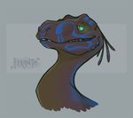  2015 alternate_species blue_markings brown_scales colored cute digital_drawing_(artwork) digital_media_(artwork) dinosaur facial_piercing feral feranta green_eyes grey_background half-closed_eyes kv_(caffeineghost) markings nose_piercing piercing raptor scales scalie septum_piercing shaded sharp_teeth side_view signature simple_background smile teeth theropod toony 