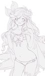  :d bow cape collarbone eyebrows eyebrows_visible_through_hair eyes_visible_through_hair flat_chest granblue_fantasy groin hairband koza_game long_hair looking_at_viewer monochrome navel open_mouth sara_(granblue_fantasy) simple_background smile solo white_background 
