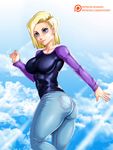  1girl android_18 artist_name ass back blonde_hair breasts dragon_ball dragonball_z female huge_ass large_breasts legs looking_at_viewer patreon r3ydart short_hair sky smile solo 
