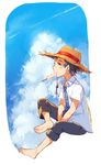  barefoot blue_eyes blue_hair cloud cloudy_sky day dripping food full_body hat male_focus open_clothes open_shirt original popsicle profile sagami_hako shirt sitting sky solo straw_hat 