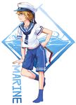  arm_support bad_id bad_pixiv_id blush english flag hand_on_hip hat male_focus navel oliver_(vocaloid) sagami_hako sailor_collar sailor_hat sailor_shirt shirt shorts socks solo vocaloid water 