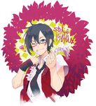  ;) bad_id bad_pixiv_id black_hair black_neckwear blue_eyes blush character_name checkered finger_to_mouth glasses hair_between_eyes idolmaster idolmaster_side-m iseya_shiki male_focus necktie one_eye_closed pink-framed_eyewear sagami_hako smile solo upper_body 