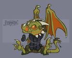  2015 3_fingers 4_toes argonian big_eyes big_head black_clothing chibi clothing colored cute digital_drawing_(artwork) digital_media_(artwork) dragon feranta front_view full-length_portrait green_scales hybrid looking_at_viewer male markings membranous_wings orange_eyes orange_markings pants portrait pose scales scalie shaded sharp_teeth sitting skal-tel smile snout solo teeth the_elder_scrolls toes toony video_games wings zipper 